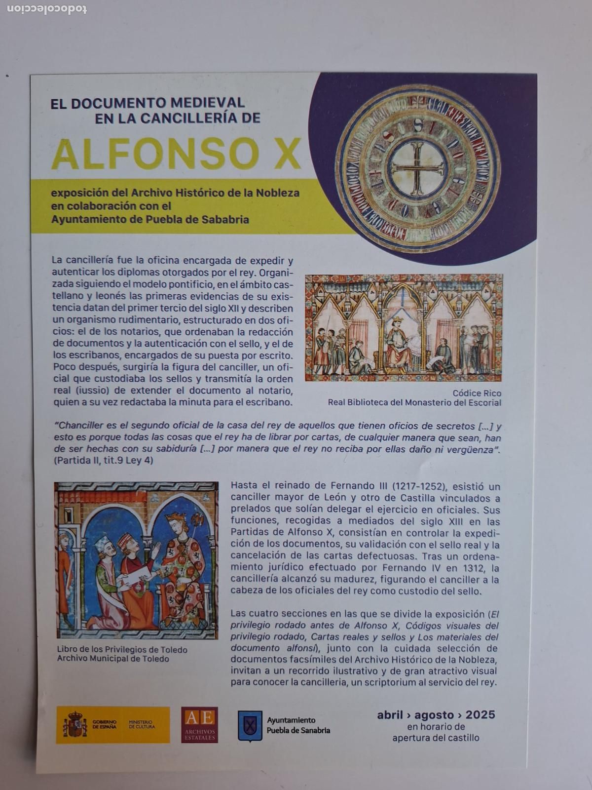 Folhetos de turismo: Hoja volandera expo El documento medieval en la Canciller&iacute;a de Alfonso X Puebla de Sanabria AHN