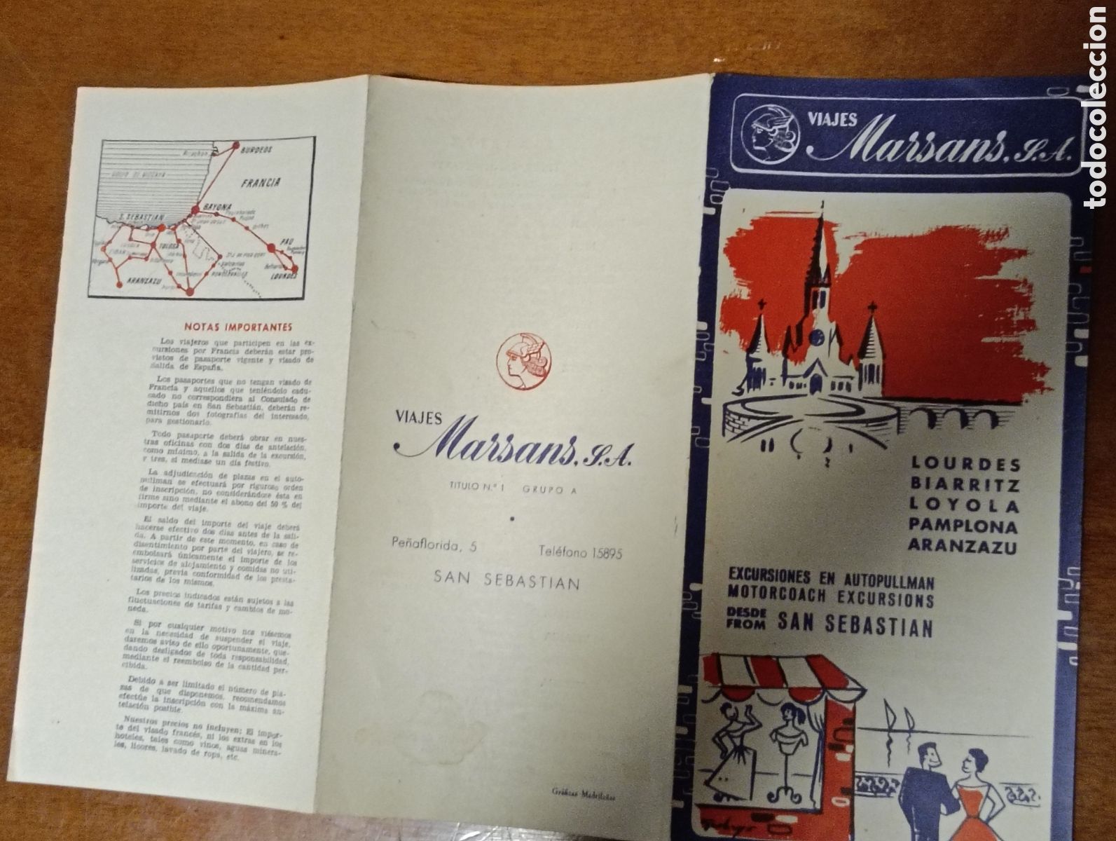 Folhetos de turismo: Folleto de Turismo VIAJES MARSANS, Lourdes, Biarritz, Loyola, etc. A&ntilde;os 50