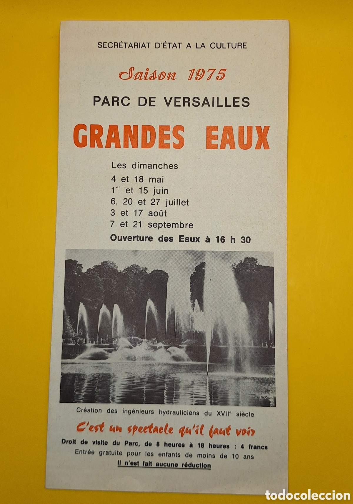 Folletos de turismo: Antiguo Cat&aacute;logo Publicidad Grandes Eaux - Parc Versailles - Francia - 1975 -