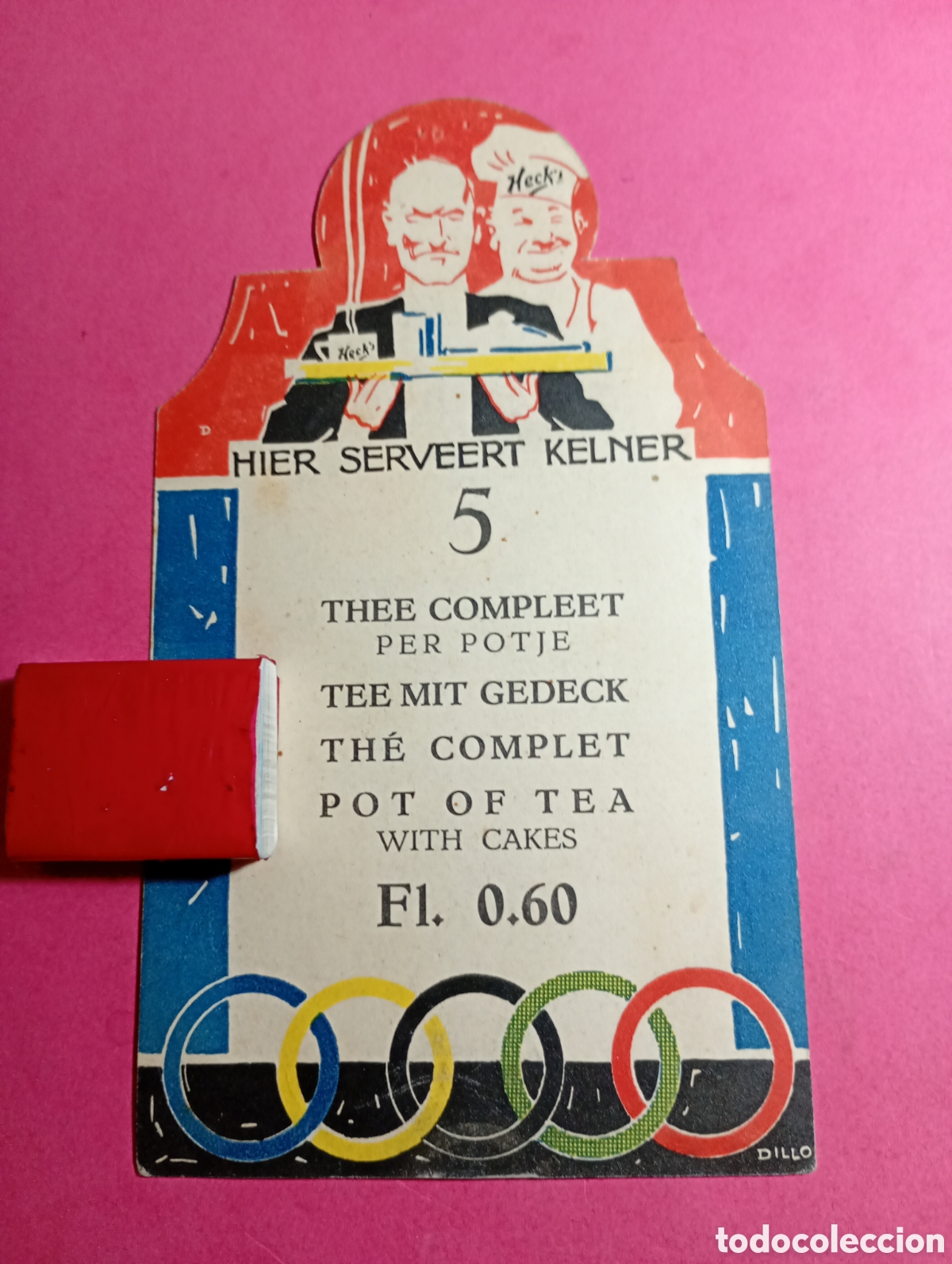 Folletos de turismo: Antiguo Men&uacute; Sal&oacute;n de T&eacute; HECK - &Eacute;poca Ol&iacute;mpica (c. 1928) - Triling&uuml;e con Aros Imprenta Dillo - Raro