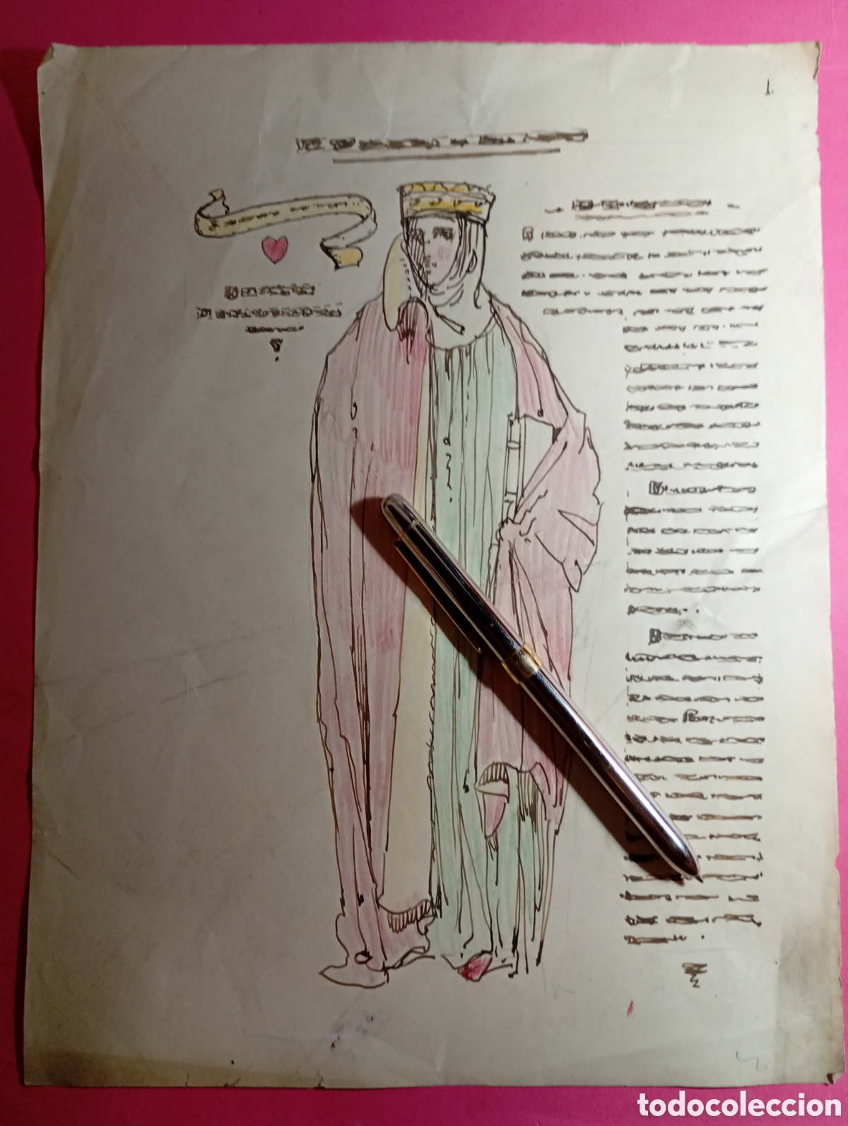 Folletos de turismo: originales e impresi&oacute;n de 6 dibujos personajes edad media (siglo X) y grecia cl&aacute;sica maquetas texto