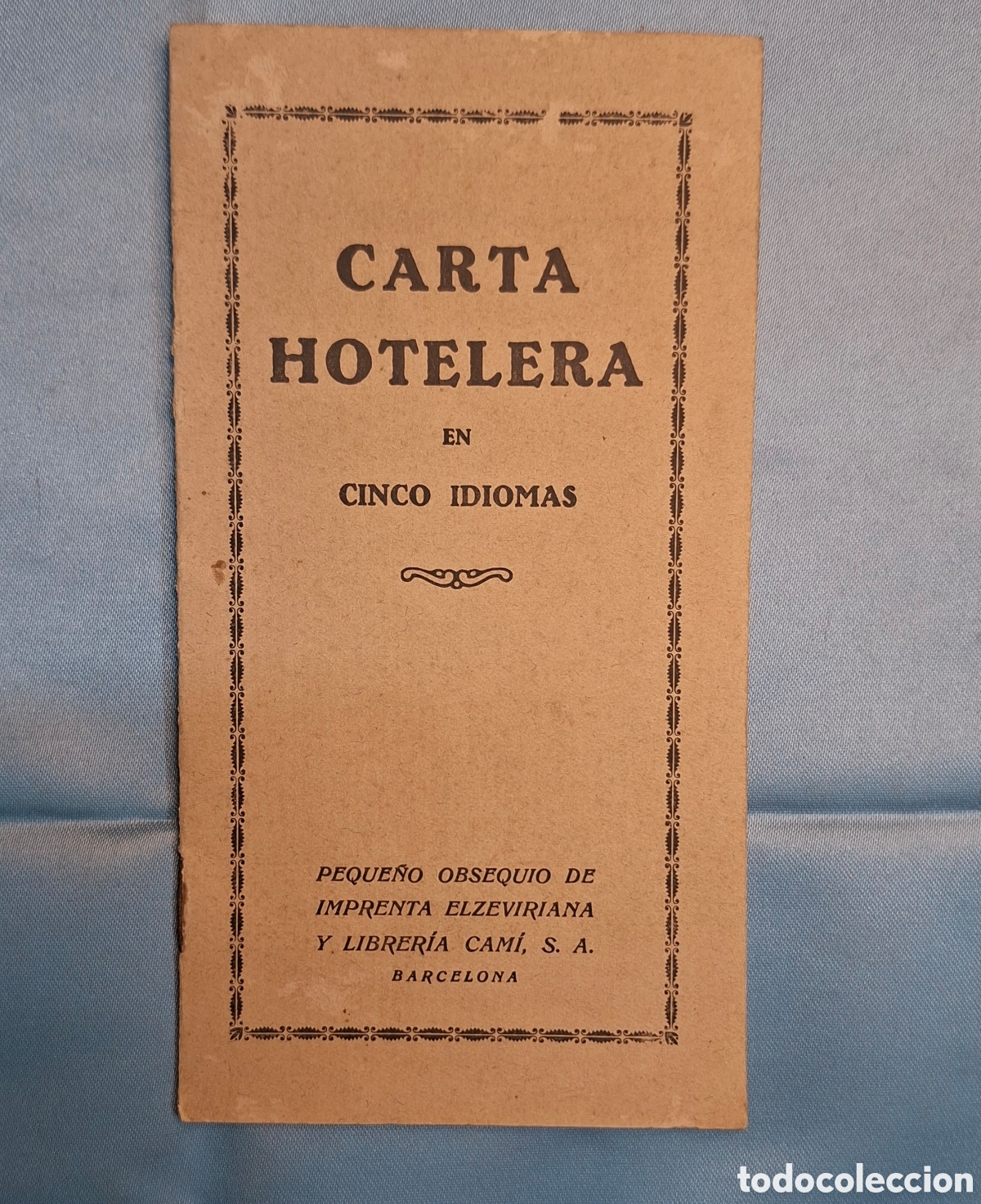 Folletos de turismo: Carta Hotelera en cinco idiomas &ndash; Imprenta Elzeviriana y Librer&iacute;a Cam&iacute;, Barcelona, c. 1940&ndash;1950