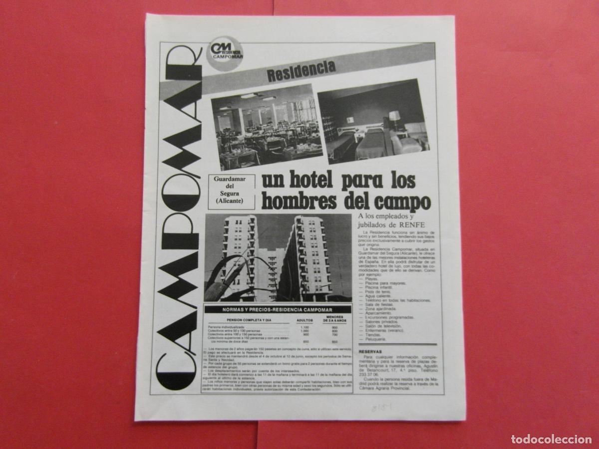 Foglietti di turismo: PUBLICIDAD 1984 - JUBILADOS RENFE HOTEL CAMPOMAR GUARDAMAR DEL SEGURA ALICANTE