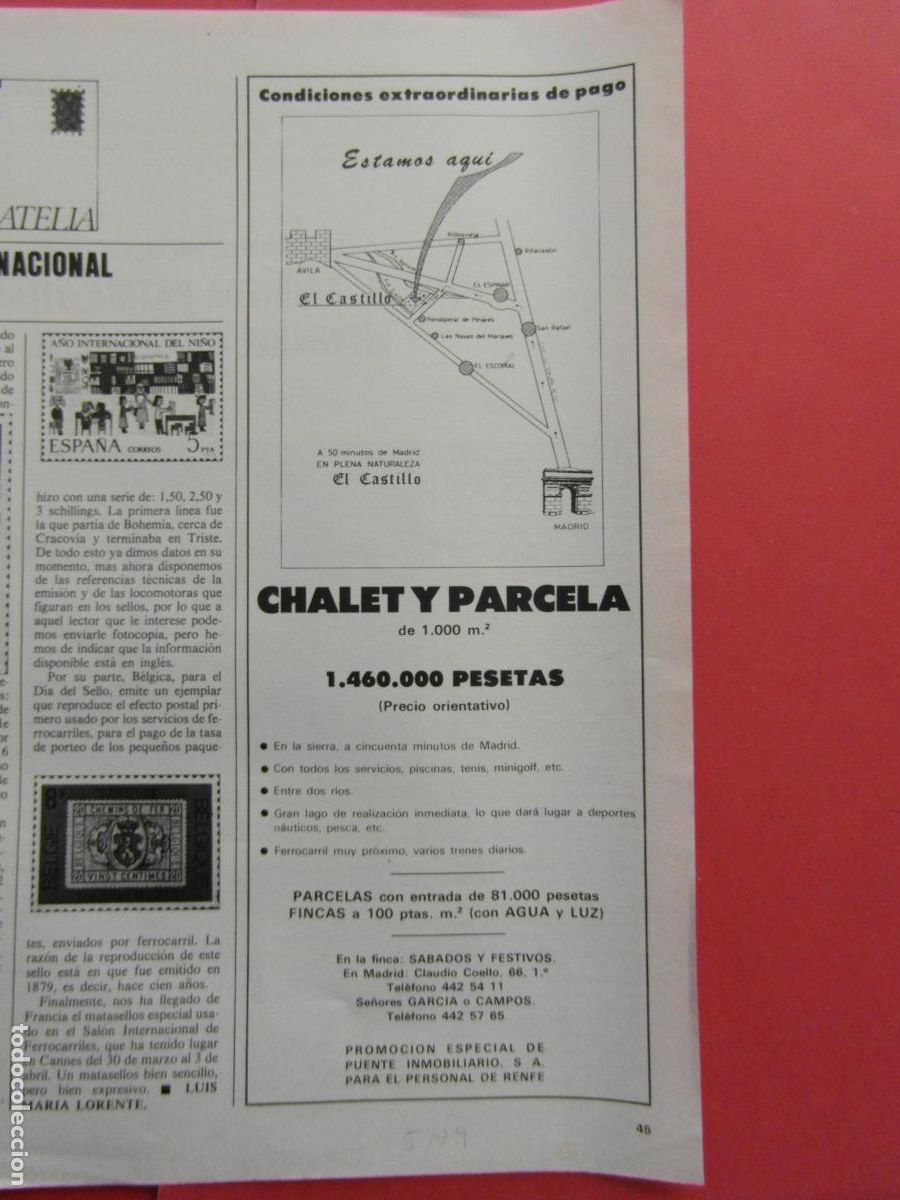 Foglietti di turismo: PUBLICIDAD 1979 - CHALET Y PARCELA EL CASTILLO RENFE PUENTE INMOBILIARIO NAVALPERAL DE PINARES