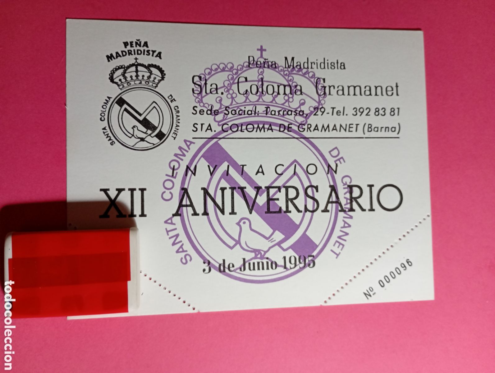 Folletos de turismo: STA. COLOMA DE GRAMANET PE&Ntilde;A MADRIDISTA INVITACI&Oacute;N AL XII ANIVERSARIO AUT&Oacute;GRAFO DE GENTO A RAFA