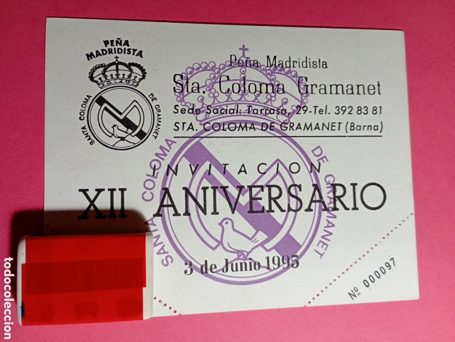 Folletos de turismo: STA. COLOMA DE GRAMANET PE&Ntilde;A MADRIDISTA INVITACI&Oacute;N AL XII ANIVERSARIO AUT&Oacute;GRAFO DE GENTO A LAURA