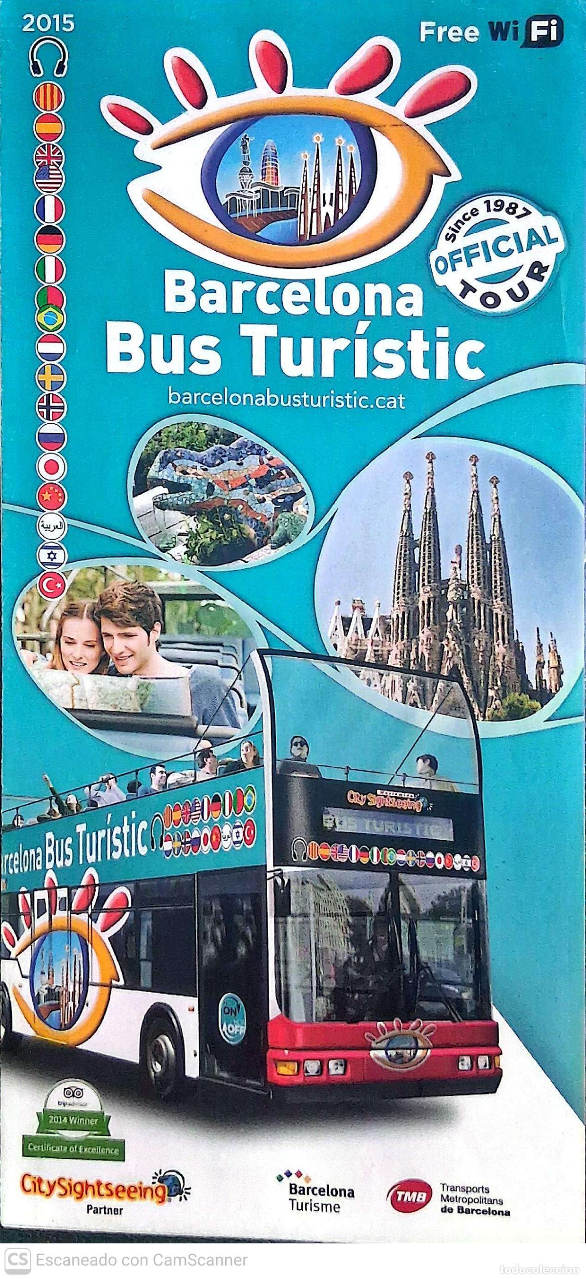 Folletos de turismo: Barceloa. Bus Tiristic del a&ntilde;o 2015.. Desplegable con 12 rect&aacute;ngulos del tama&ntilde;o 10 x 21 cm. con pla