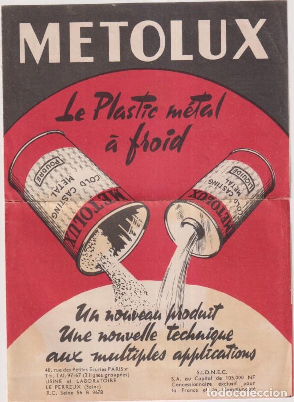 Folletos de turismo: Metolux. Folleto publicitario Franc&eacute;s. (El Pl&aacute;stico Metal en fr&iacute;o.) doble Hoja