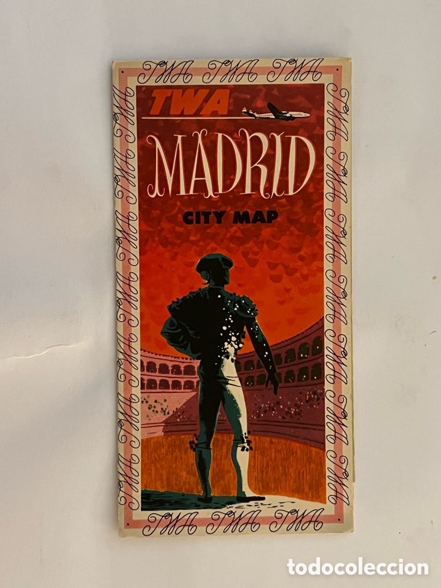 Folletos de turismo: MADRID Folleto Mapa Ciudad Espa&ntilde;a TWA Madrid Vintage Colorido (h.1950?)