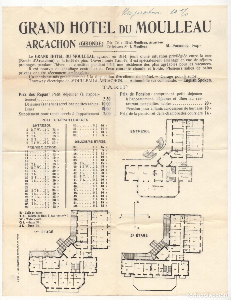Tourismusbrosch&uuml;ren: PUBLICIDAD. LISTA DE PRECIOS, TARIFAS HIST&Oacute;RICO GRAND HOTEL DU MOULLEAU, ARCACHON (GIRONDE), FRANCIA