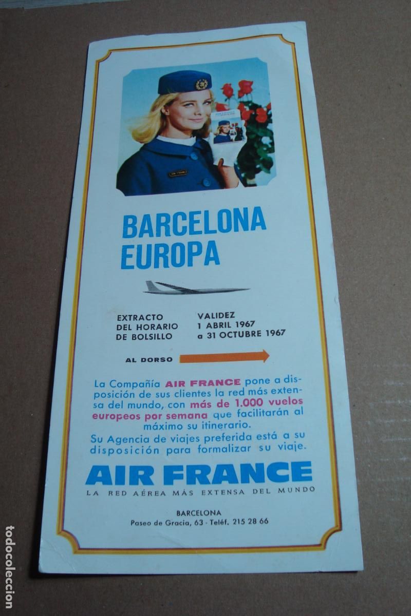 Brochures de tourisme: AIR FRANCE. EXTRACTO HORARIO DE BOLSILLO BARCELONA - EUROPA 1967.