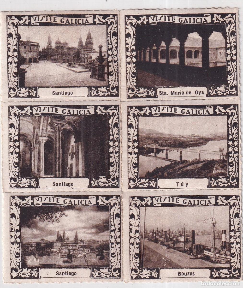 Travel Brochures: Pliego con 6 vi&ntilde;etas turismo. Visite Galicia. Santiago, Sta Mar&iacute;a de Oya, Tuy, Bouzas.
