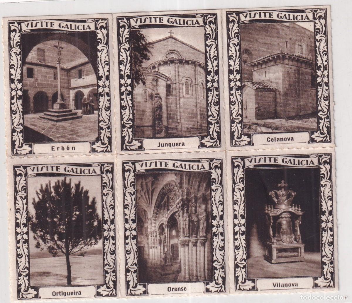 Travel Brochures: Pliego con 6 vi&ntilde;etas turismo. Visite Galicia. Erb&oacute;n, Junquera, Celanova, Orense, Ortigueira, Orense
