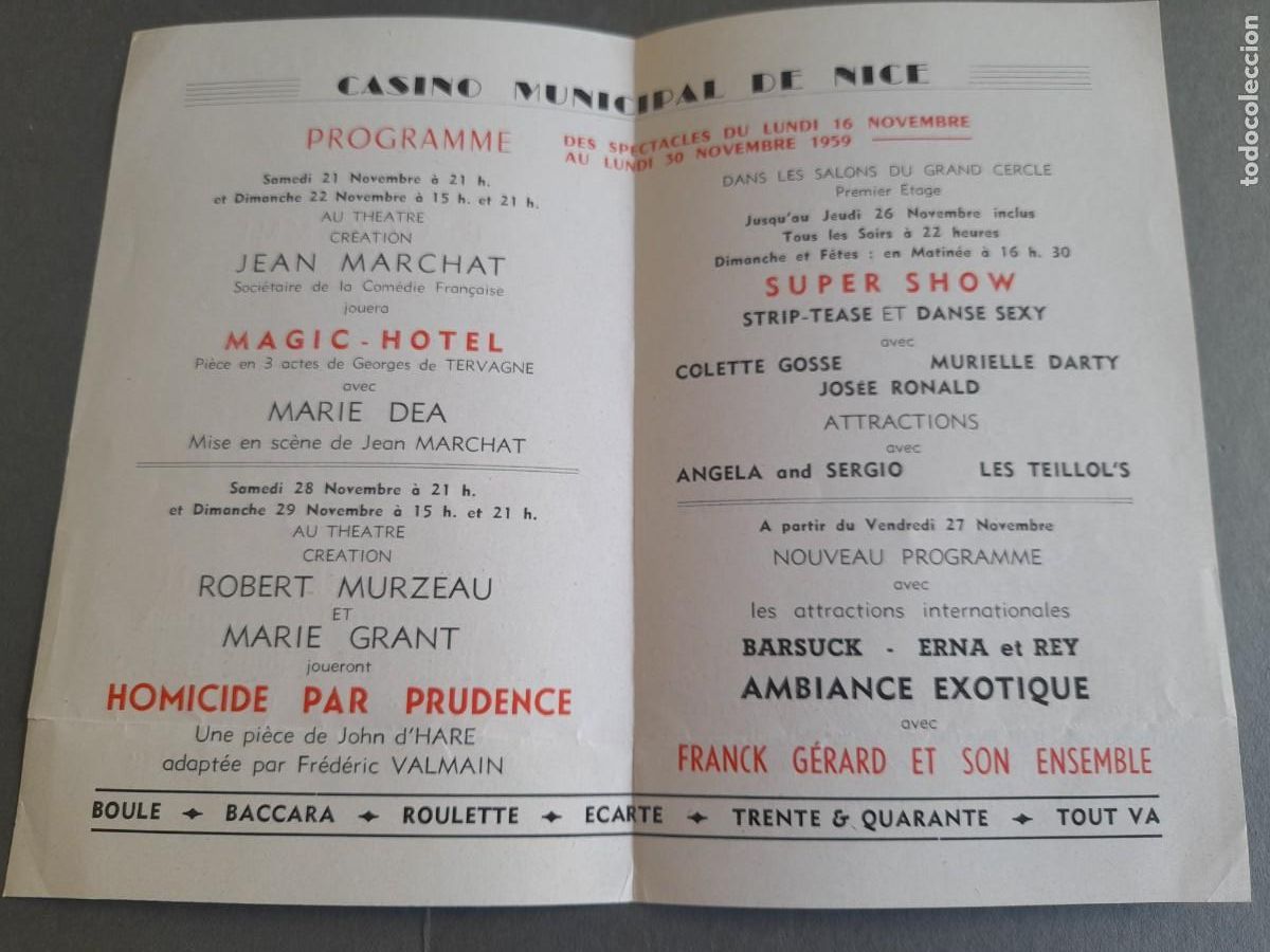 Folletos de turismo: Programa casino municipal de nice, 1959, diptico - Foto 2
