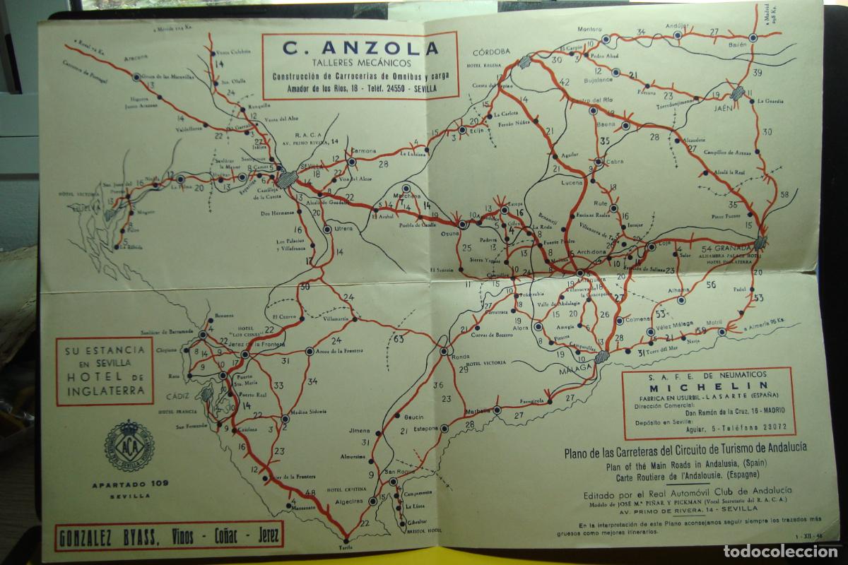 Folletos de turismo: ANTIGUO MAPA CARRETERAS TURISMO. C. ANZOLA TALLERES MECANICOS SEVILLA. ACA REAL CLUB AUTOMOVIL 1948