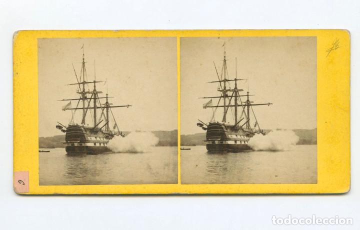 Antique Photography: el buque H.M.S. cambridge, n. 316. estereo s.XIX 8,5x17,5 cm.