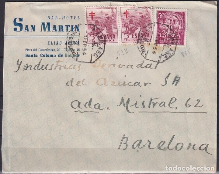 Fotograf&iacute;a antigua: F-EX18899 ESPA&Ntilde;A SPAIN 1954 SOBRE HOTEL SAN MARTIN SANTA COLOMA AMBULANTE FERROCARRIL RAILROAD.