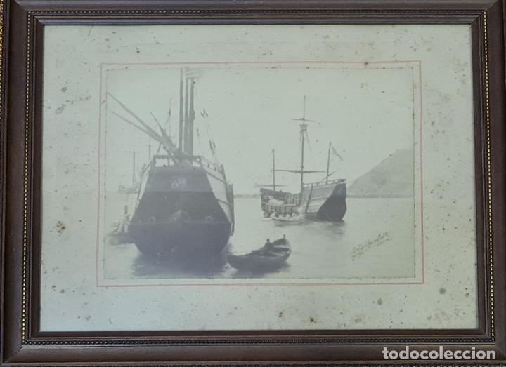 Fotograf&iacute;a antigua: NAO LA PINTA Y LA NI&Ntilde;A. PUERTO DE BARCELONA. ALBUMINA A. TORIJA. SIGLO XIX.