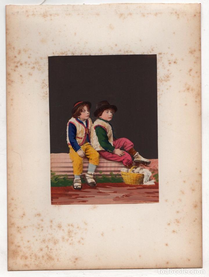 Fotografia antica: FOTOGRAFIA ALBUMINA COLOREADA DE TIPOS ITALIA. NI&Ntilde;OS PASTORES. C. 1870