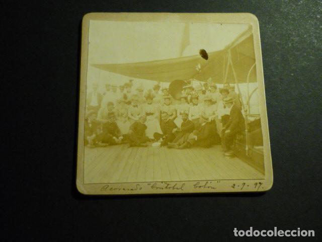 Fotograf&iacute;a antigua: GRUPO A BORDO BARCO CRISTOBAL COLON ALBUMINA 1897 9 X 9CTMS