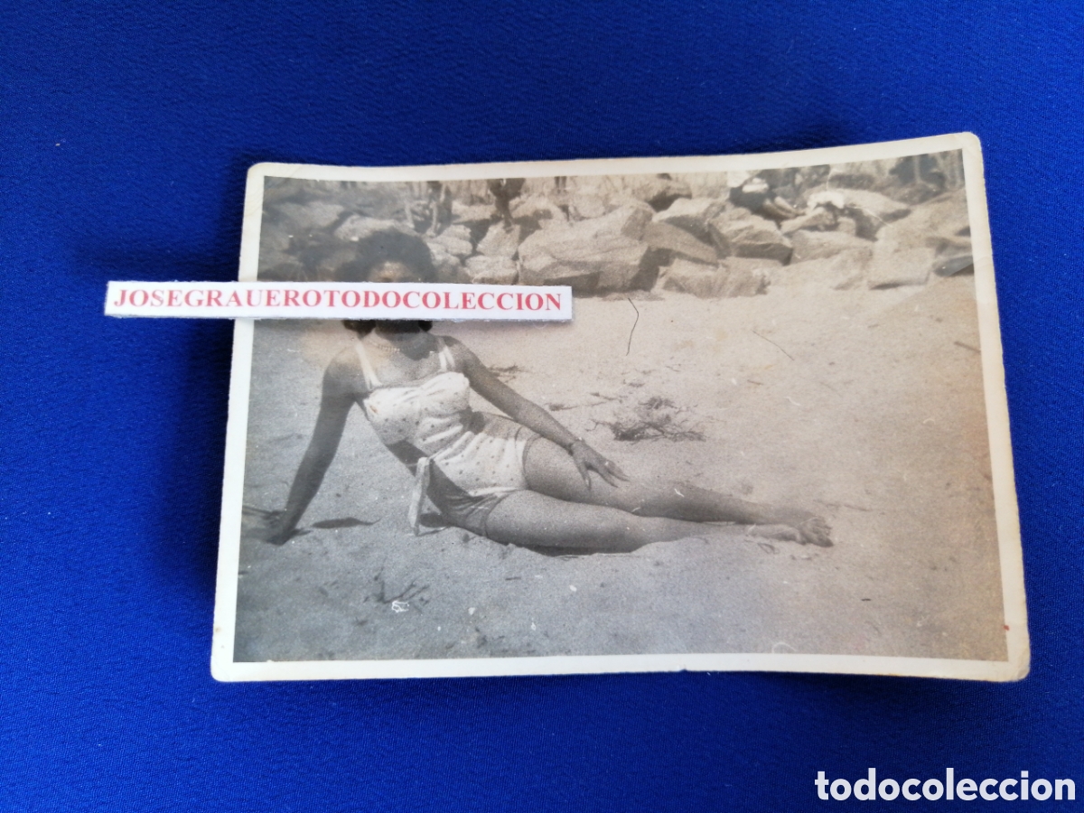 Photographie ancienne: MODELO EN BA&Ntilde;ADOR PLAYA CON SELLO FOTOGRAFICO