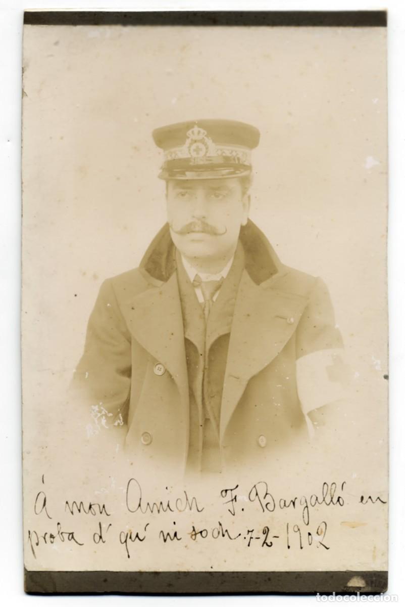 Fotografia antica: ANTIGUA FOTO ALBUMINA VARON UNIFORMADO CON DEDICATORIA A F.BARGALLO 7 DE FEBRERO 1902 16 X10 CM