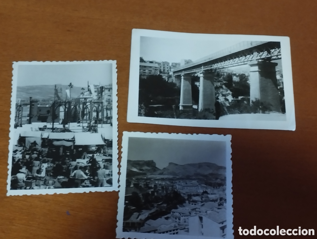 Fotografia antiga: 3 fotos, Vista del pueblo, Playa Principal de Alcoy y Puente de la isla Principal a&ntilde;os 50