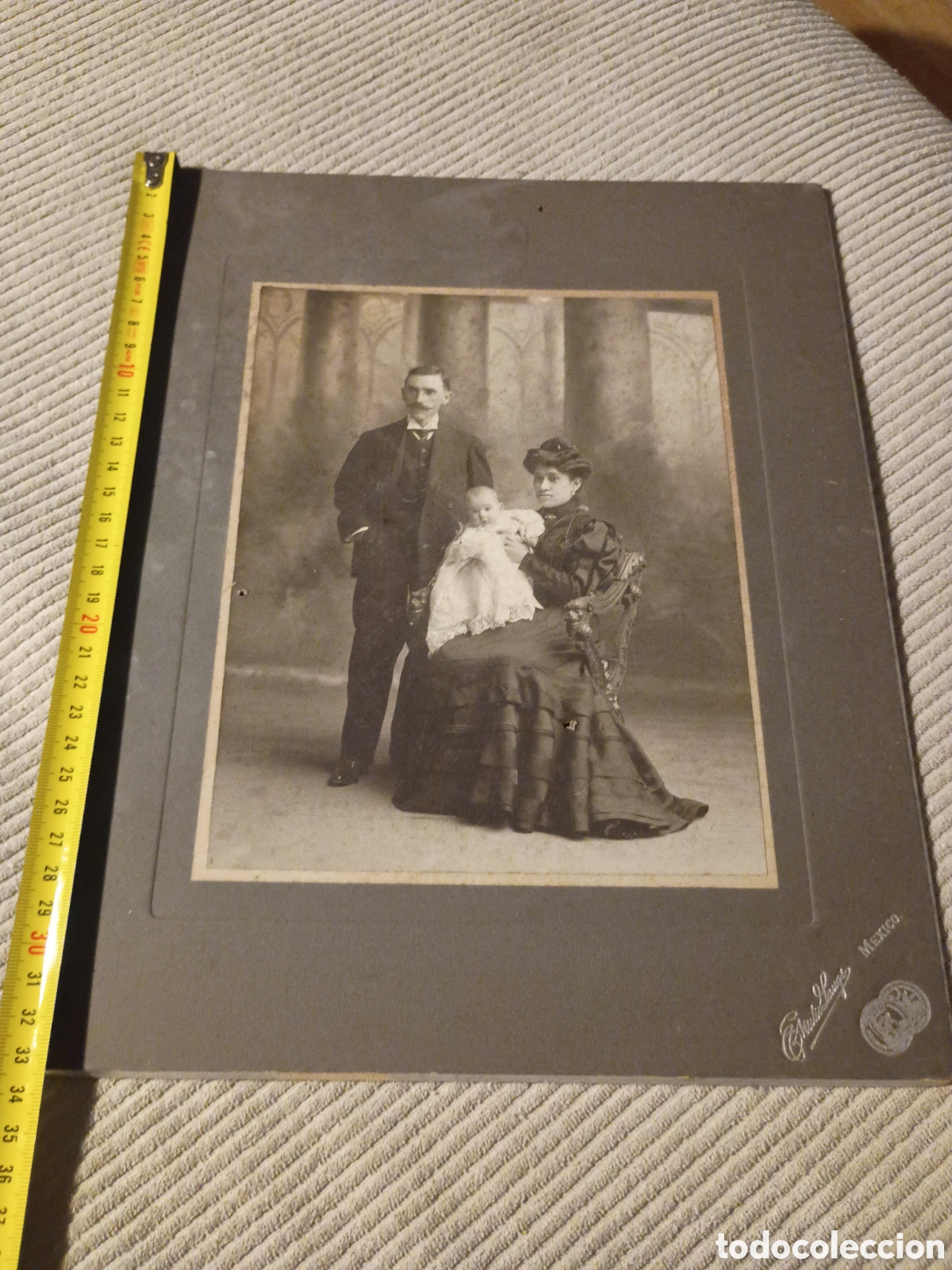 Fotografia antica: CP gran retrato matrimonio con hijo. Foto Emilio Lange. M&eacute;xico DF. Fotograf&iacute;a pareja