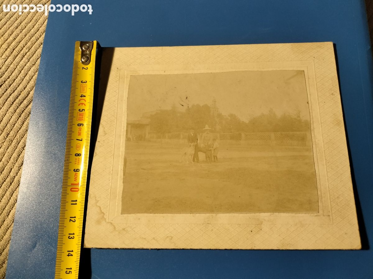 Fotografia antica: CR curiosa alb&uacute;mina posiblemente tomada en M&eacute;xico. Foto Dos caballeros y ni&ntilde;o con perros