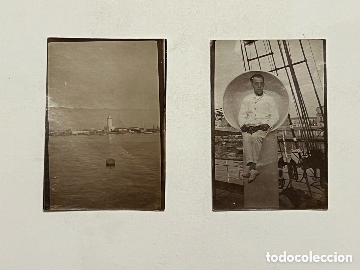 Fotografia antiga: LA FAROLA. Puerto de M&aacute;laga (2) fotograf&iacute;as llegando al mejor puerto espa&ntilde;ol&hellip; (h.1910?)