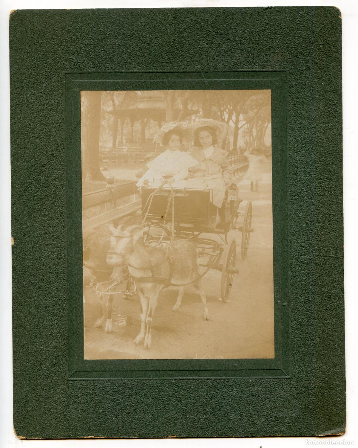 Antique Photography: Carro con dos ni&ntilde;as tirado por cabras en parque con templete, circa 1900 sin indicaci&oacute;n de fot&oacute;grafo