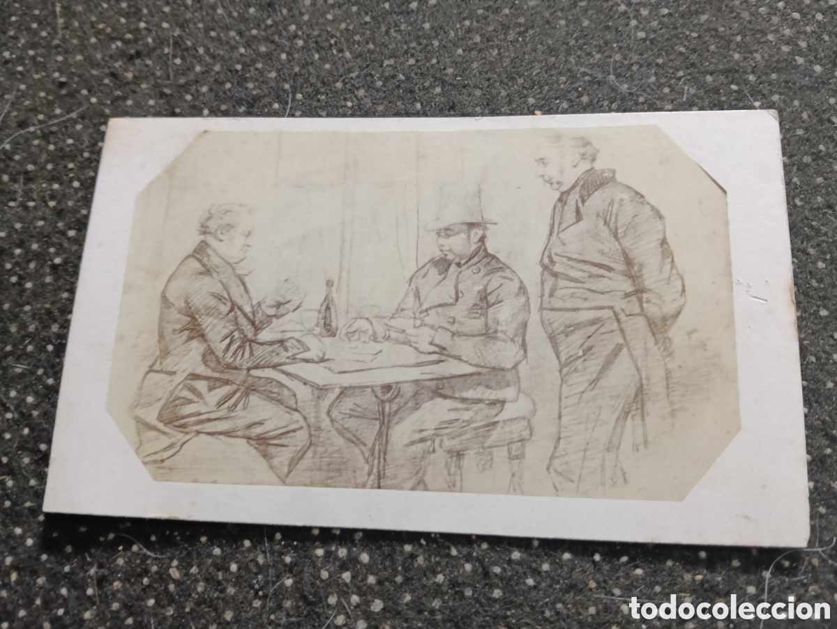 Fotograf&iacute;a antigua: 1880-1900 &Eacute;poca Victoriana Fotograf&iacute;a o dibujo de tres se&ntilde;ores comiendo en una mesa 10,5 x 6,5 cm ap