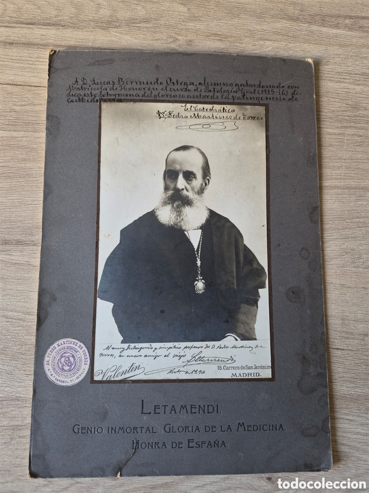 Fotograf&iacute;a antigua: Fotograf&iacute;a Albumina Jose de Letamendi dedicada a D. Pedro M&aacute;rtinez de Torres - 1896 - 32,5 x 22 cm.