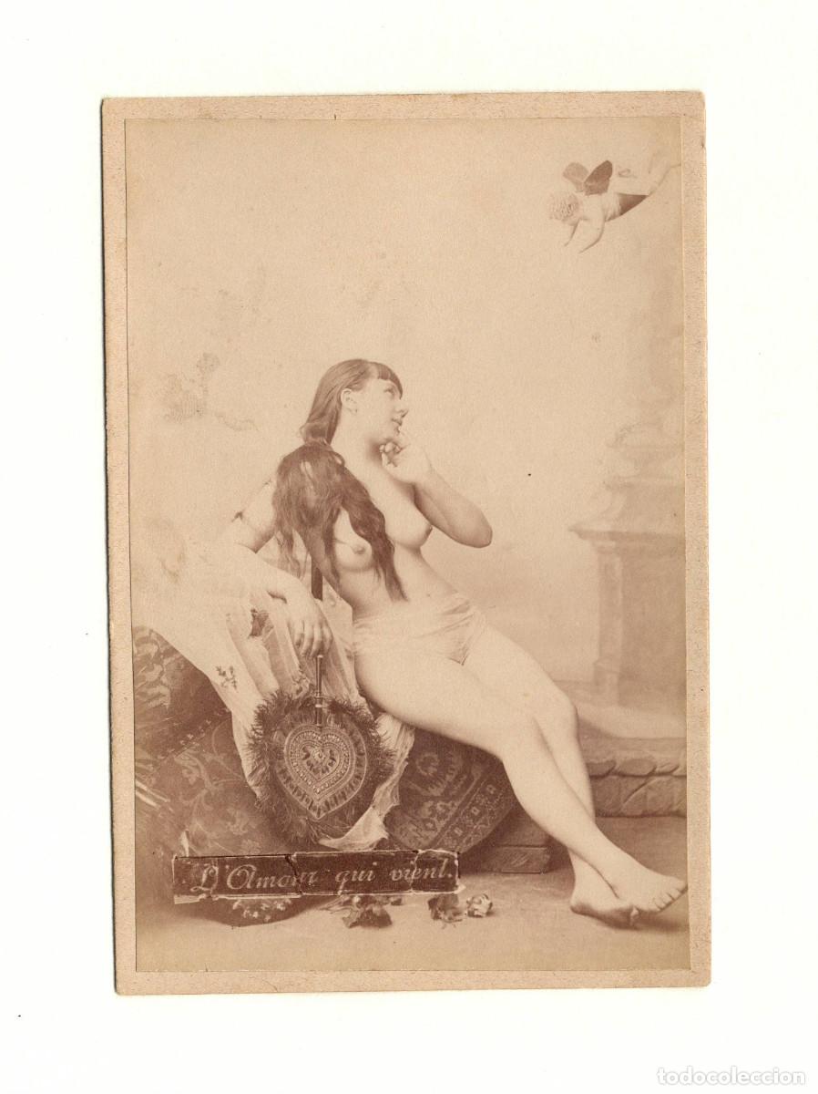 Fotograf&iacute;a antigua: L'amour qui vient. Desnudo femenino de estudio, s.XIX. 9x14cm.