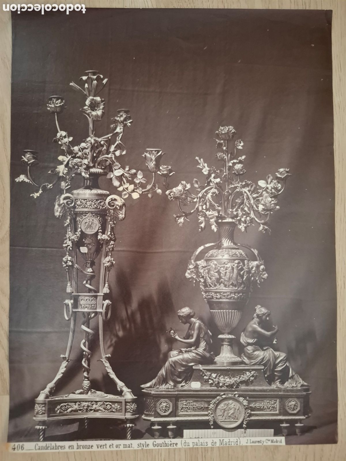 Antique Photography: N&ordm; 406. Cand&eacute;labres en bronze vert et or mat, style Gouthi&egrave;re (du palais de Madrid) J. Laurent y Cia
