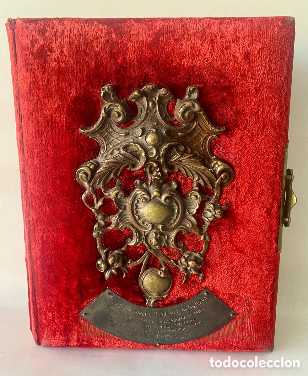 Fotograf&iacute;a antigua: Antiguo &aacute;lbum de fotos del Siglo XIX 1887 tapa dura terciopelo Chaparro conmemorativa plata y bronce