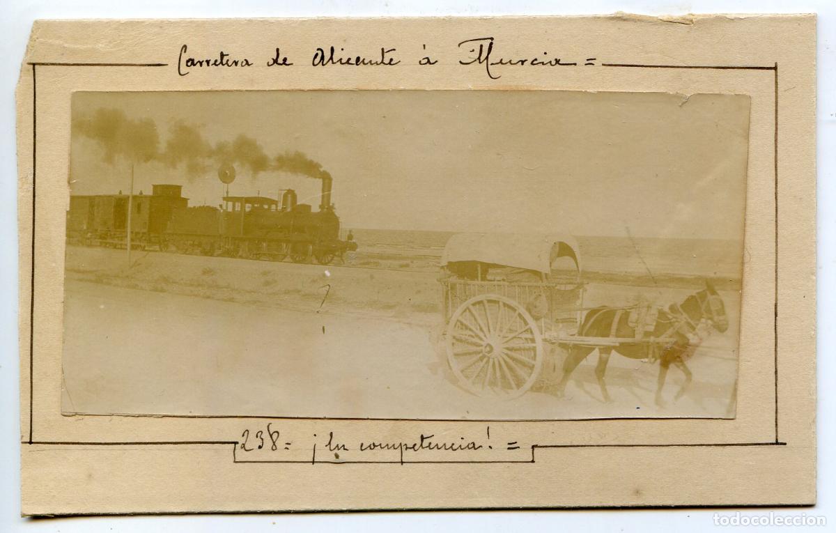 Alte Fotografie: Carretera de Alicante a Murcia. &iexcl;La competencia! Circa 1906, y tren atravesando un puente, dos fotos