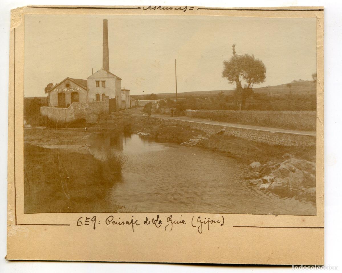 Alte Fotografie: Gij&oacute;n, ASturias Paisaje de la Gu&iacute;a, Sierras mec&aacute;nicas (letrero en fachada) circa 1906