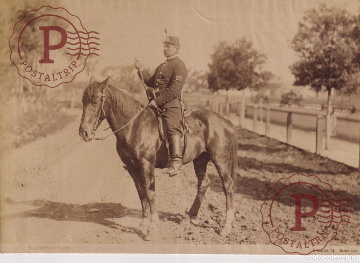 Fotograf&iacute;a antigua: ARGENTINA, FOTO ANTES DE 1900. VIGILANTE URBANO POLICIA CABALLO SAMUEL RIMATHE 20X15 CM POLICE HORSE