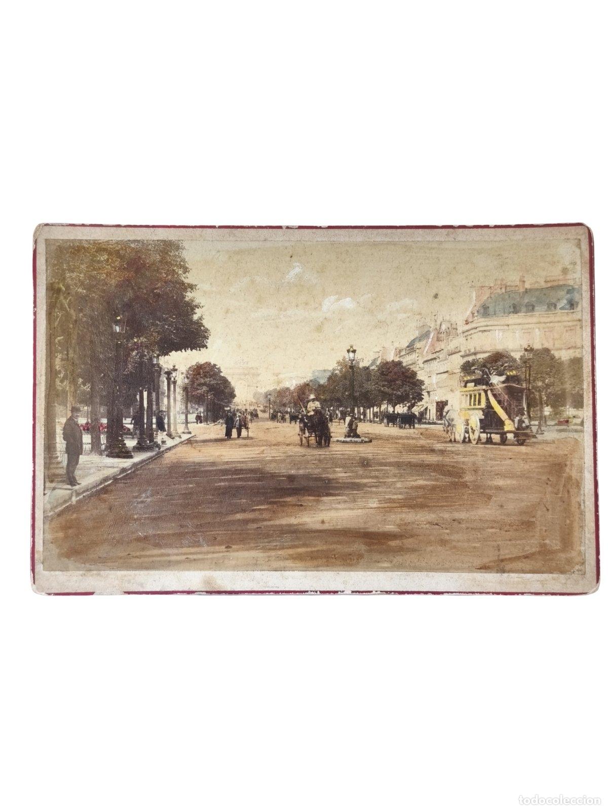 Fotograf&iacute;a antigua: Fotograf&iacute;a Antigua Par&iacute;s Campos El&iacute;seos Coloreada a Mano Omnib&uacute;s Caballos 16x11 cm