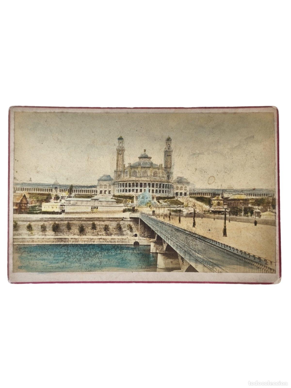 Fotograf&iacute;a antigua: Fotograf&iacute;a Antigua Par&iacute;s Palacio del Trocadero Coloreada a Mano R&iacute;o Sena Puente 16x11 cm
