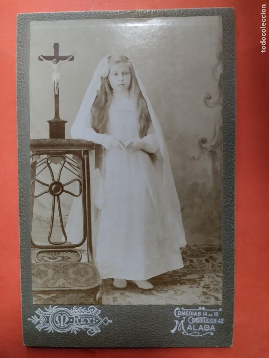 Fotograf&iacute;a antigua: Foto albumina. Estudio M REY MALAGA. 13,5X8,5CM. NI&Ntilde;A COMUNION