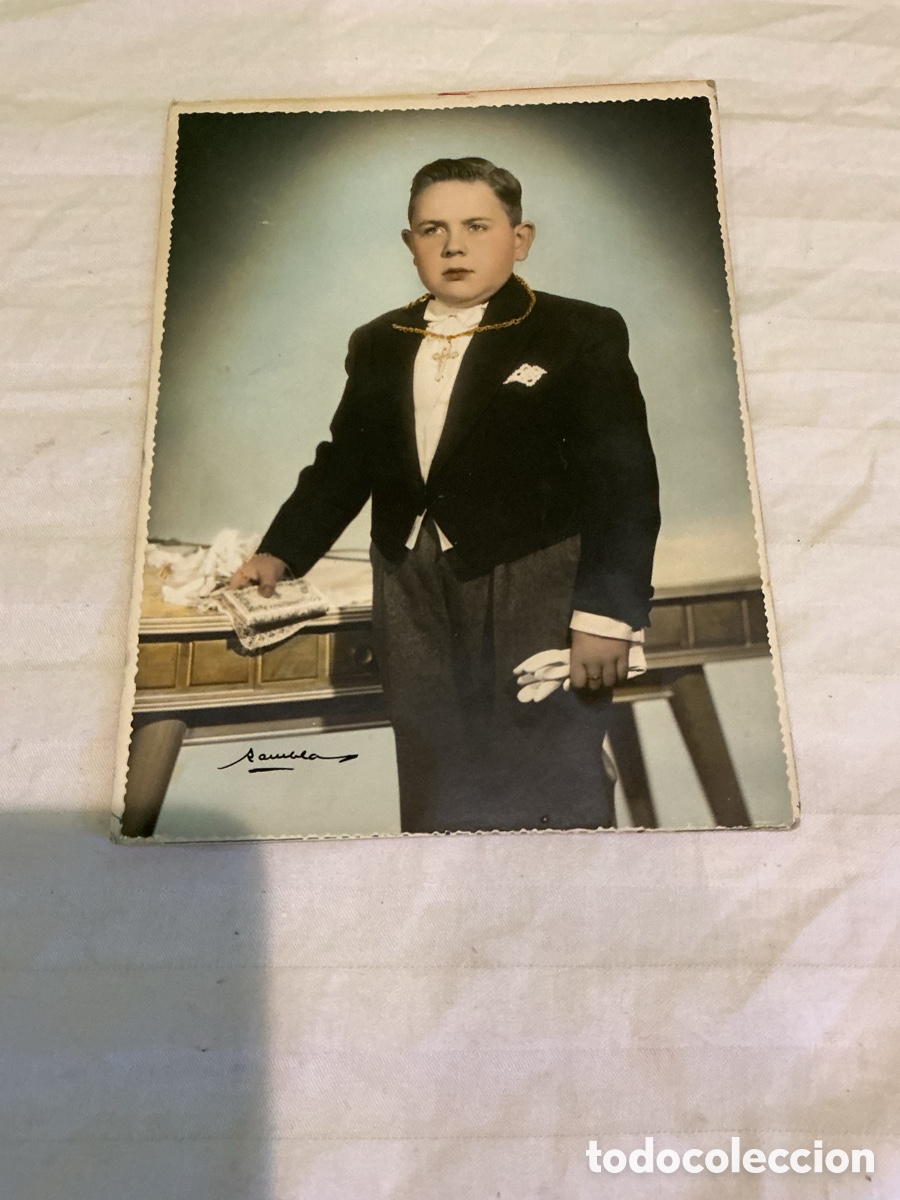 Fotograf&iacute;a antigua: Fotograf&iacute;a coloreada de primera comuni&oacute;n. Foto Ramblas, Barcelona. A&ntilde;os 40&ndash;50.
