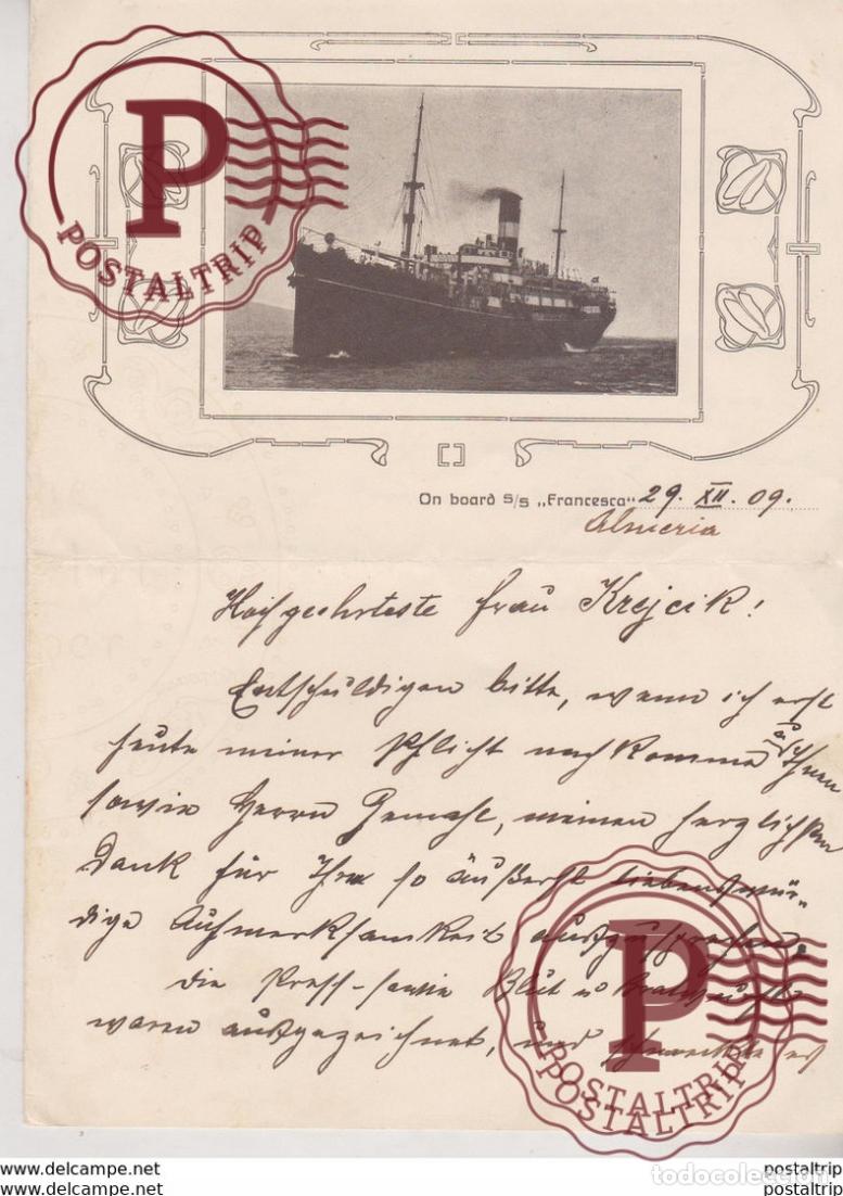 Fotograf&iacute;a antigua: CARTA ON BOARD SS FRANCESCA 1909 ALMERIA SPAIN ESPA&Ntilde;A 33*22 CM