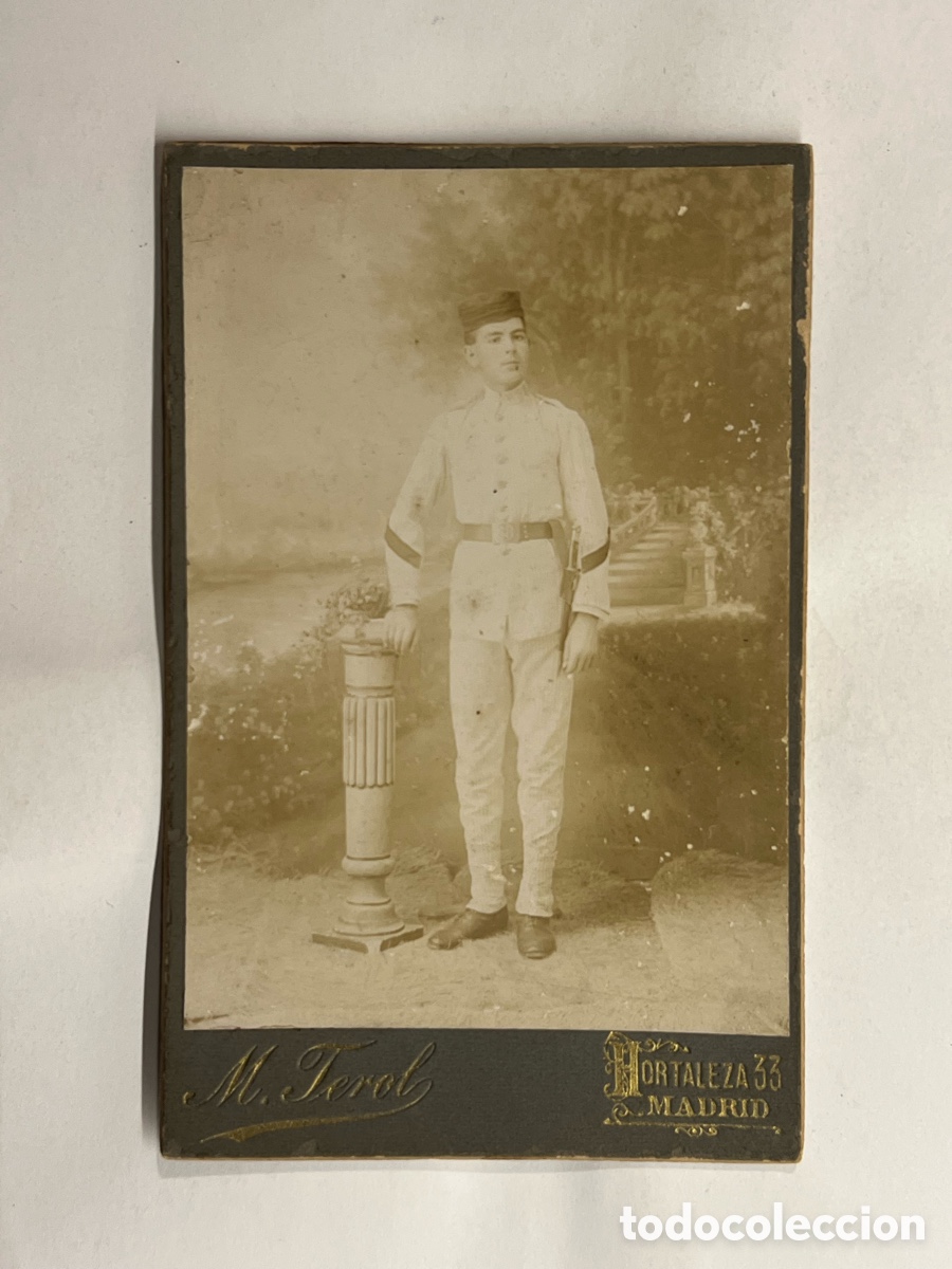 Fotograf&iacute;a antigua: SOLDADO Uniforme Rayadillo Guerra Cuba o Filipinas.. M. Terol, MADRID (h.1890?)