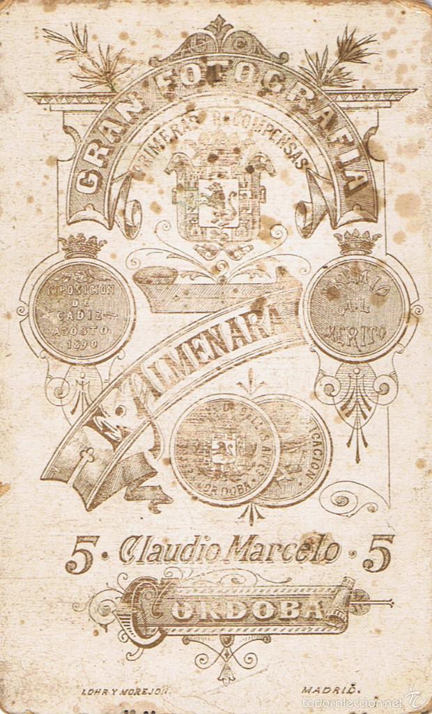 Fotografía antigua: FOTO CARTA DE VISITA. RETRATO DE CABALLERO CORDOBÉS.CA.1885-1890. FOT. E.ALMENARA. CÓRDOBA. - Foto 3 - 58207273