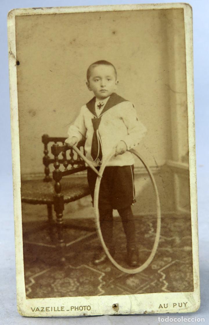 Fotograf&iacute;a antigua: Carte Visite fotograf&iacute;a Vazeille peintre successeur Sabatier Puy ni&ntilde;o con aro hacia 1880 XIX