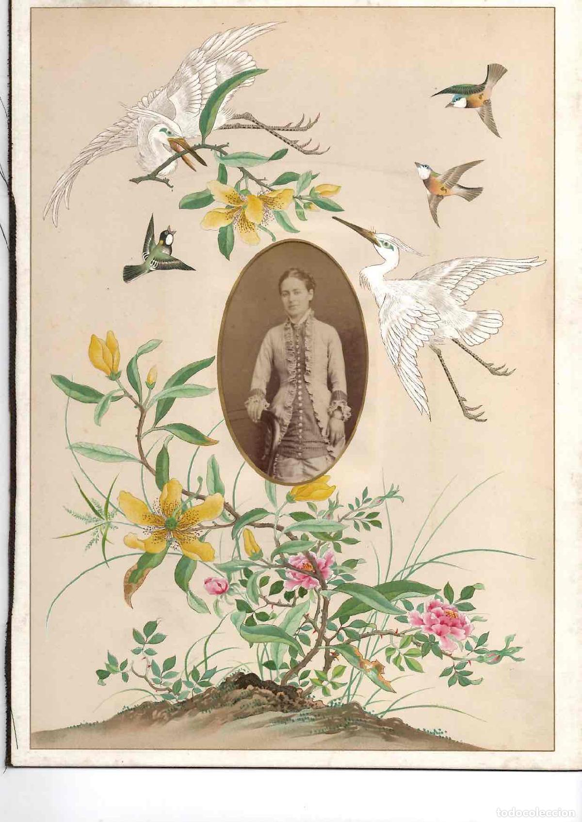 Fotograf&iacute;a antigua: CARTE DE VISITE RETRATO FEMENINO. ENMARCADA SOBRE UNA MAGNIFICA ESCENA FLORAL Y ANIMAL