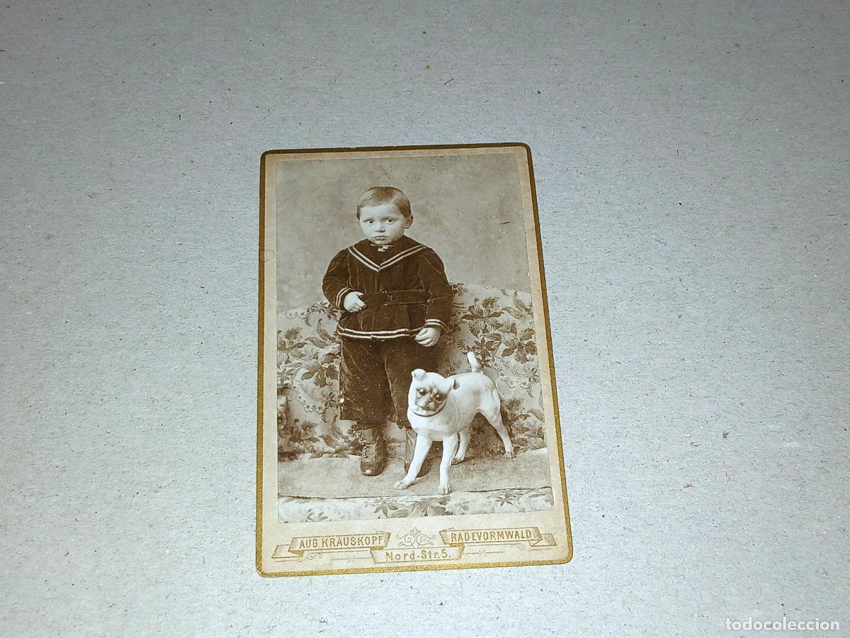 Fotograf&iacute;a antigua: Fotograf&iacute;a. CdV carte visite August Krauskopf, Radevormwald Colonia, ni&ntilde;o y perro, inicio siglo XX