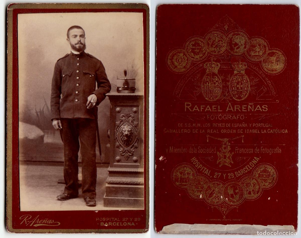 Fotograf&iacute;a antigua: Carta de Visita CDV Militar con sable. Regimiento 25. Rafael Are&ntilde;as, Barcelona. Siglo XIX rc